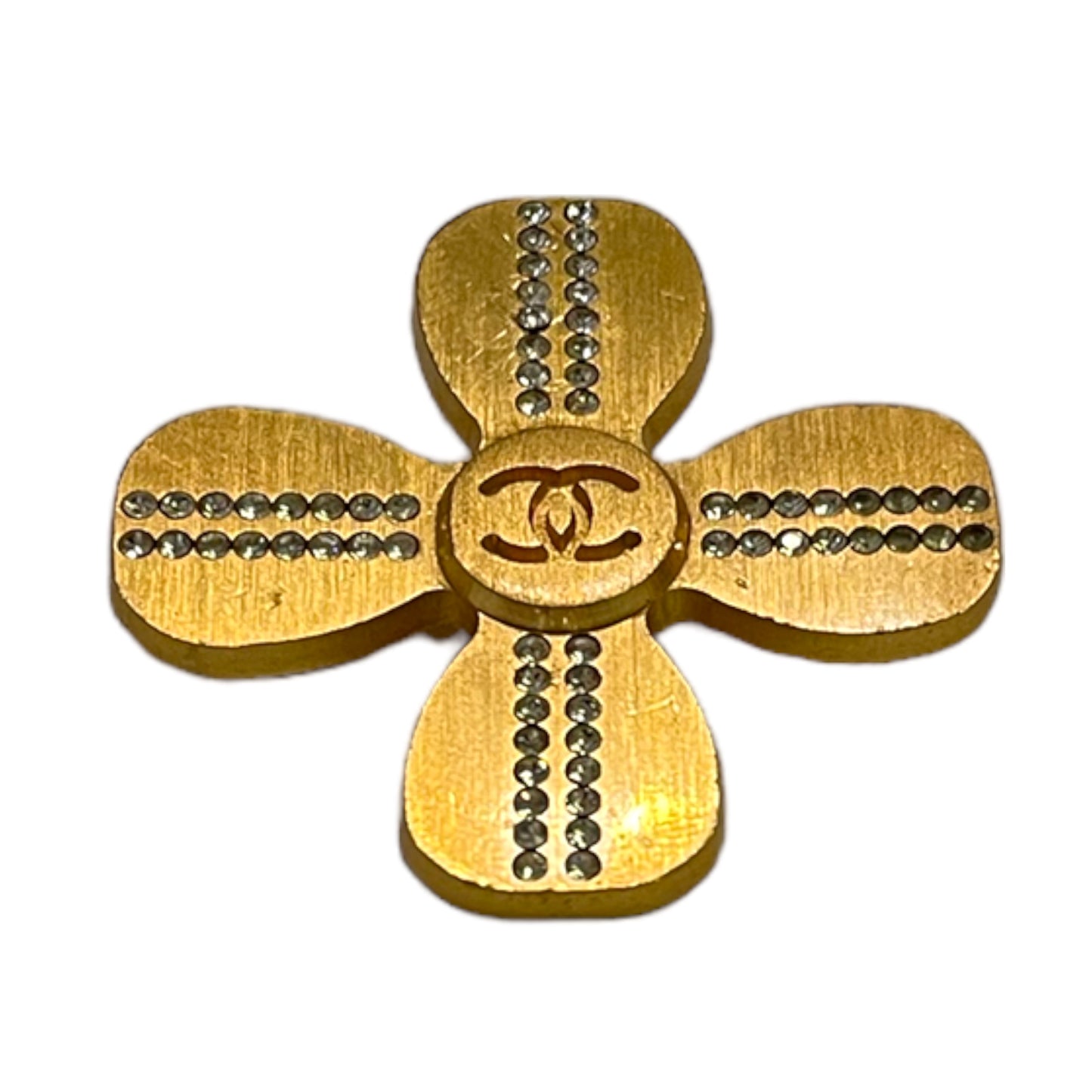 CHANEL Vintage Gold & Crystal CC Logo Clover 🍀 Brooch