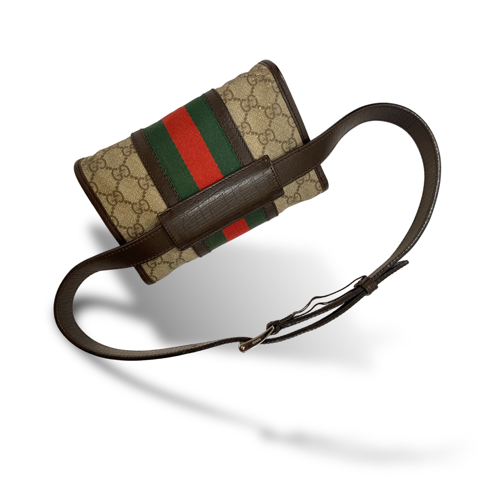 GUCCI Monogram with Web Front and Brown Leather Trim Sling/Bum Bag