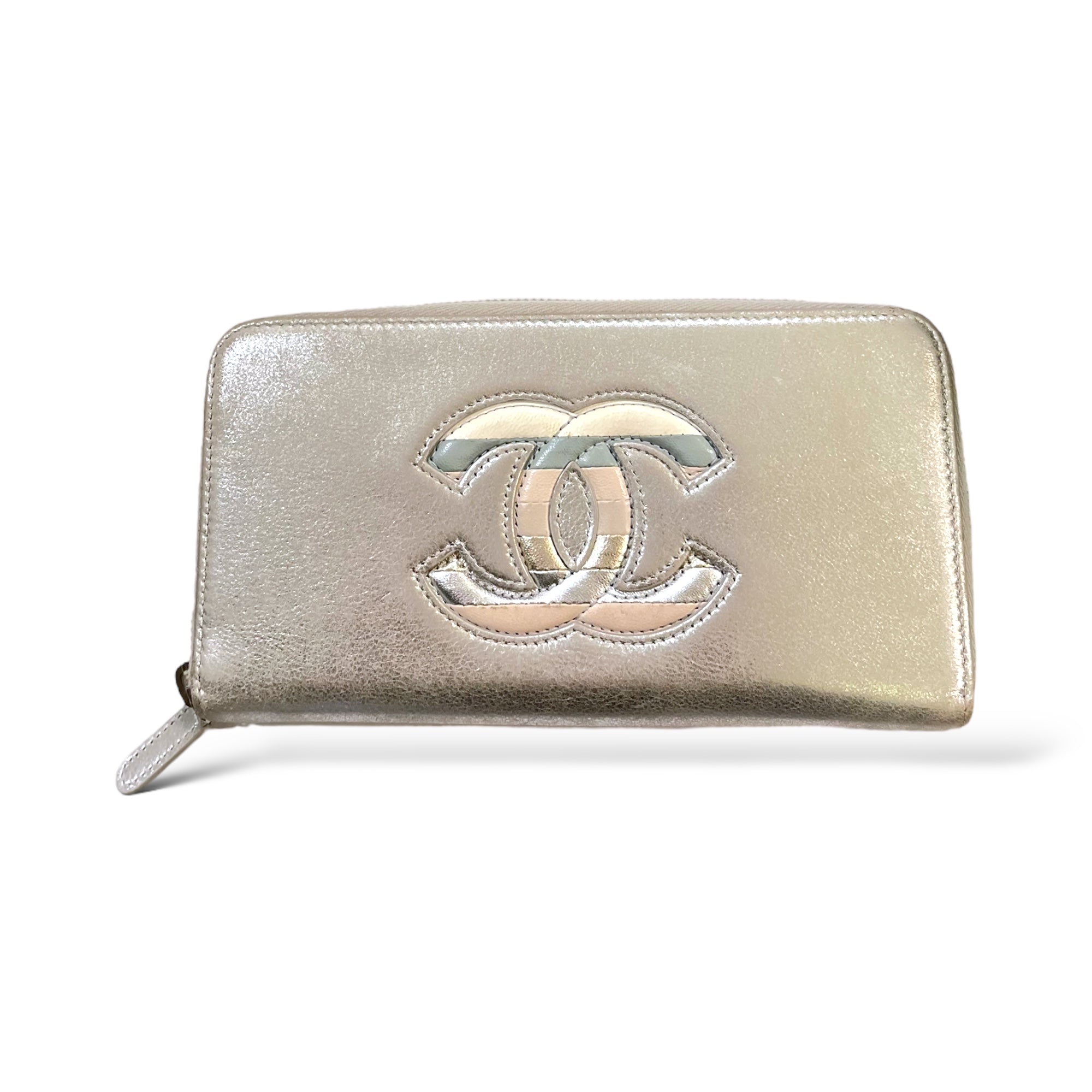 CHANEL Metallic Silver Lambskin Leather Wallet Long Zip Wallet
