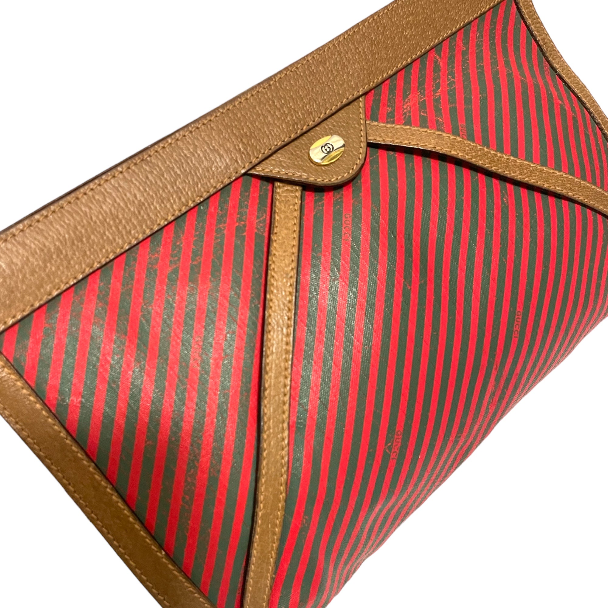 GUCCI Vintage Green & Red Classic Web Motif Print Pouch with Leather Trim