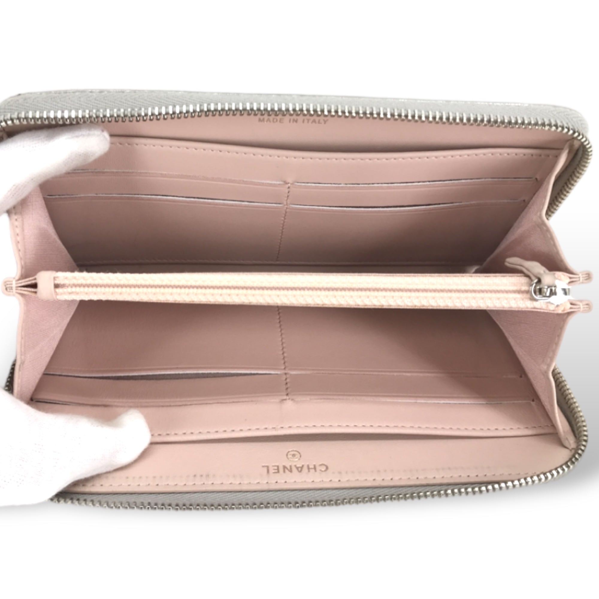 CHANEL Metallic Silver Lambskin Leather Wallet Long Zip Wallet