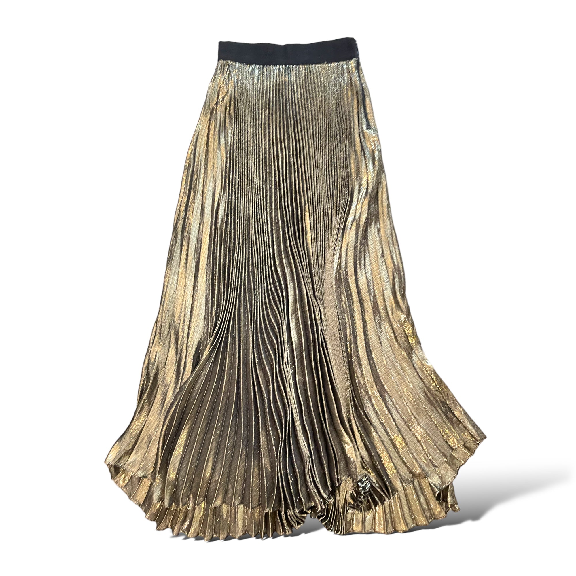ALICE + OLIVIA Silk Long Gold Lamè Pleated Skirt. |Size: XS | US 0|