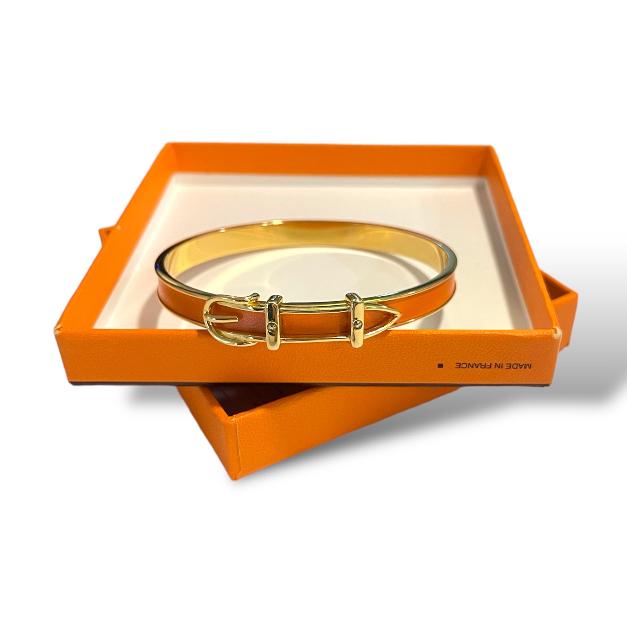 HERMÈS ORANGE Thin Slim Gold "Belt Buckle" Motif Bangle
