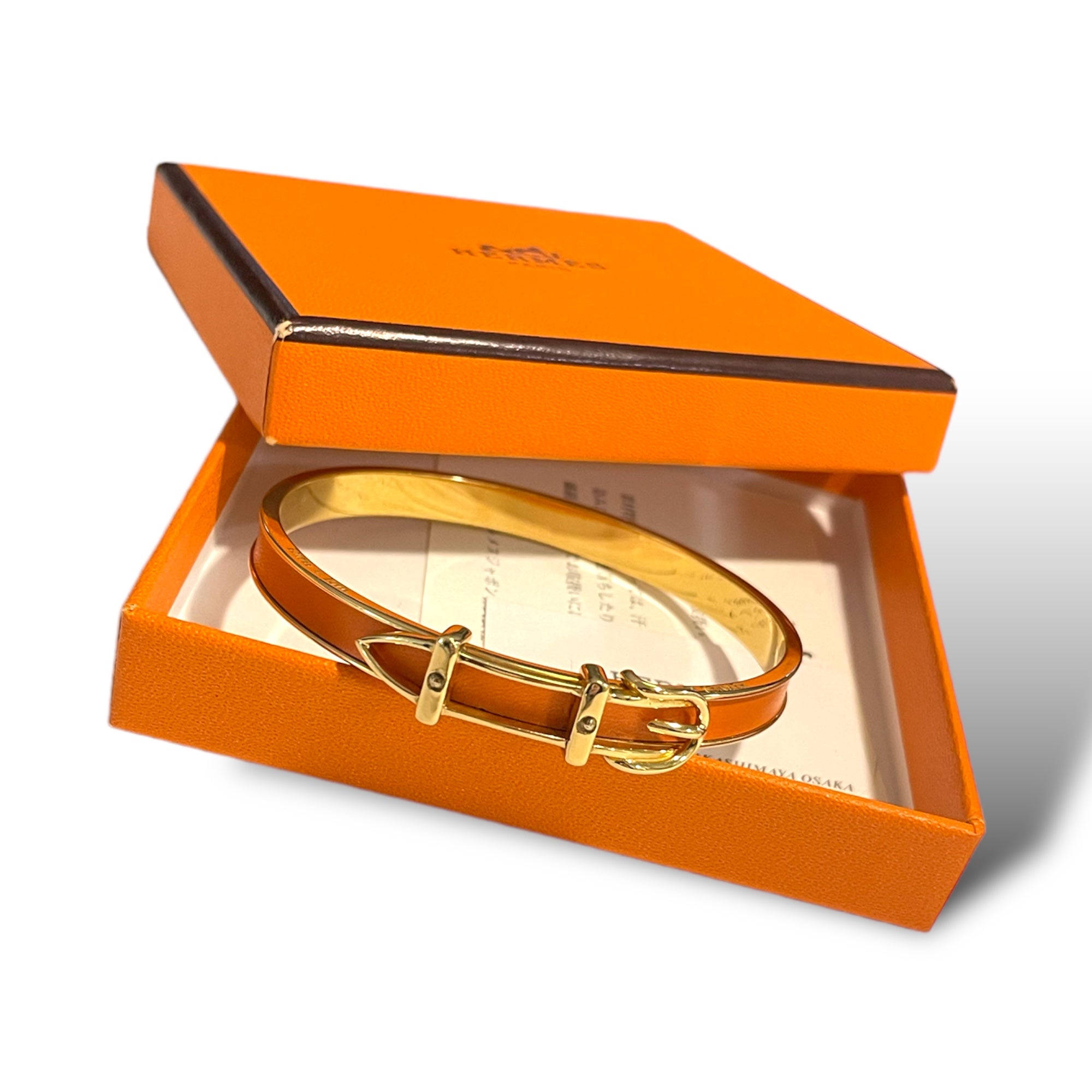 HERMÈS ORANGE Thin Slim Gold "Belt Buckle" Motif Bangle