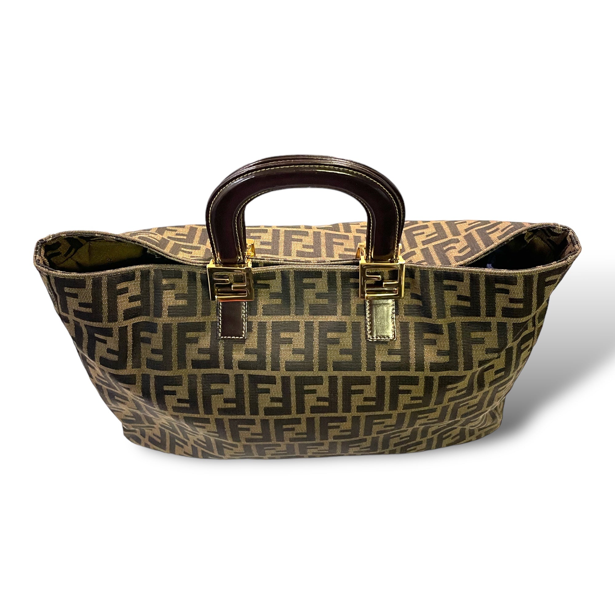 FENDI Brown Zucca Canvas & Calfskin Leather RARE & GORGEOUS Vintage LARGE Twin Tote