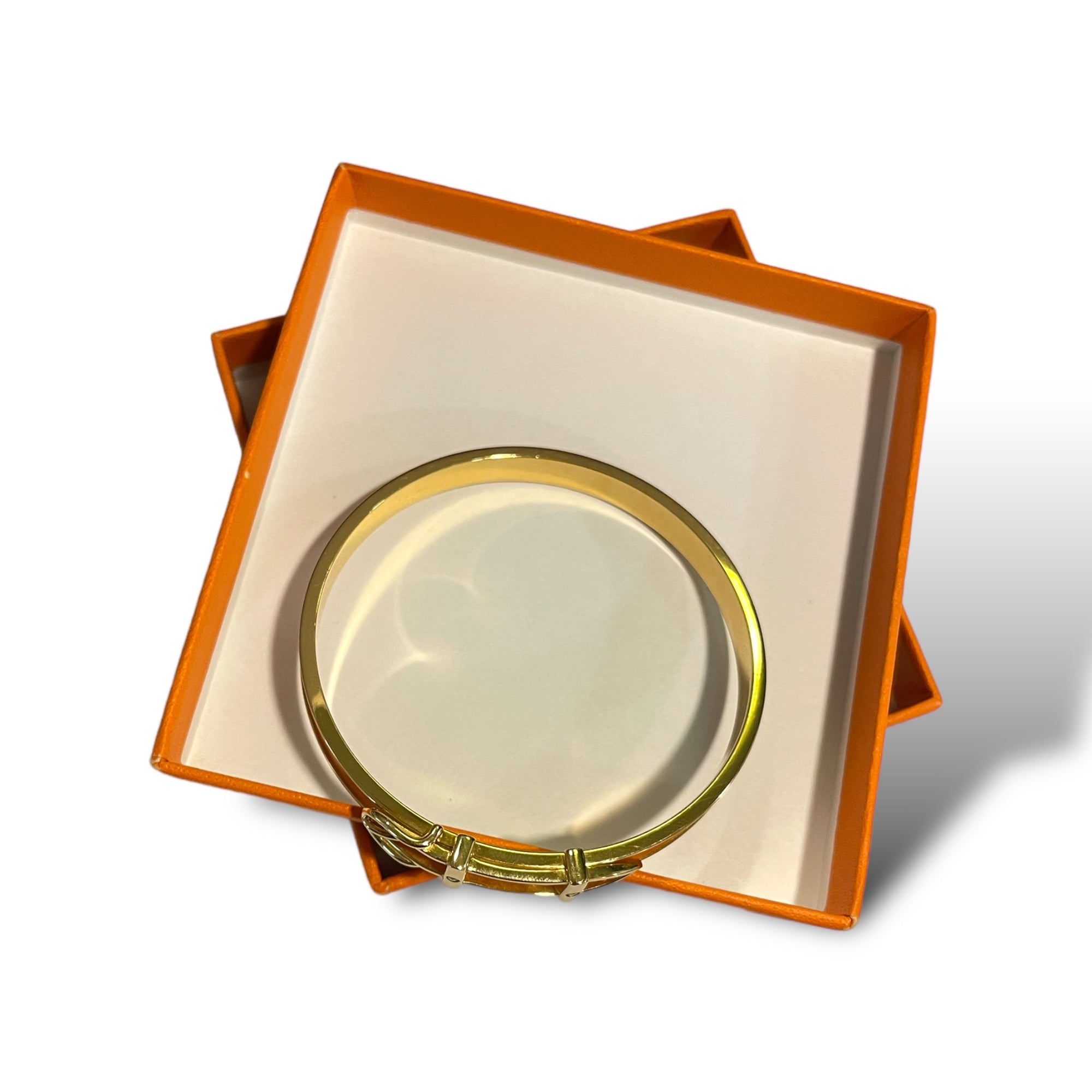 HERMÈS ORANGE Thin Slim Gold "Belt Buckle" Motif Bangle