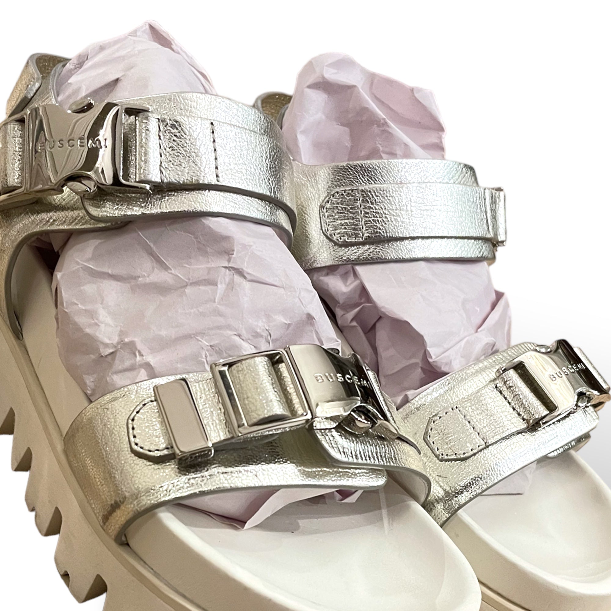 BUSCEMI Metallic Silver Textured Leather Sandalo Buckle Lug Sandals |Size: 36IT|