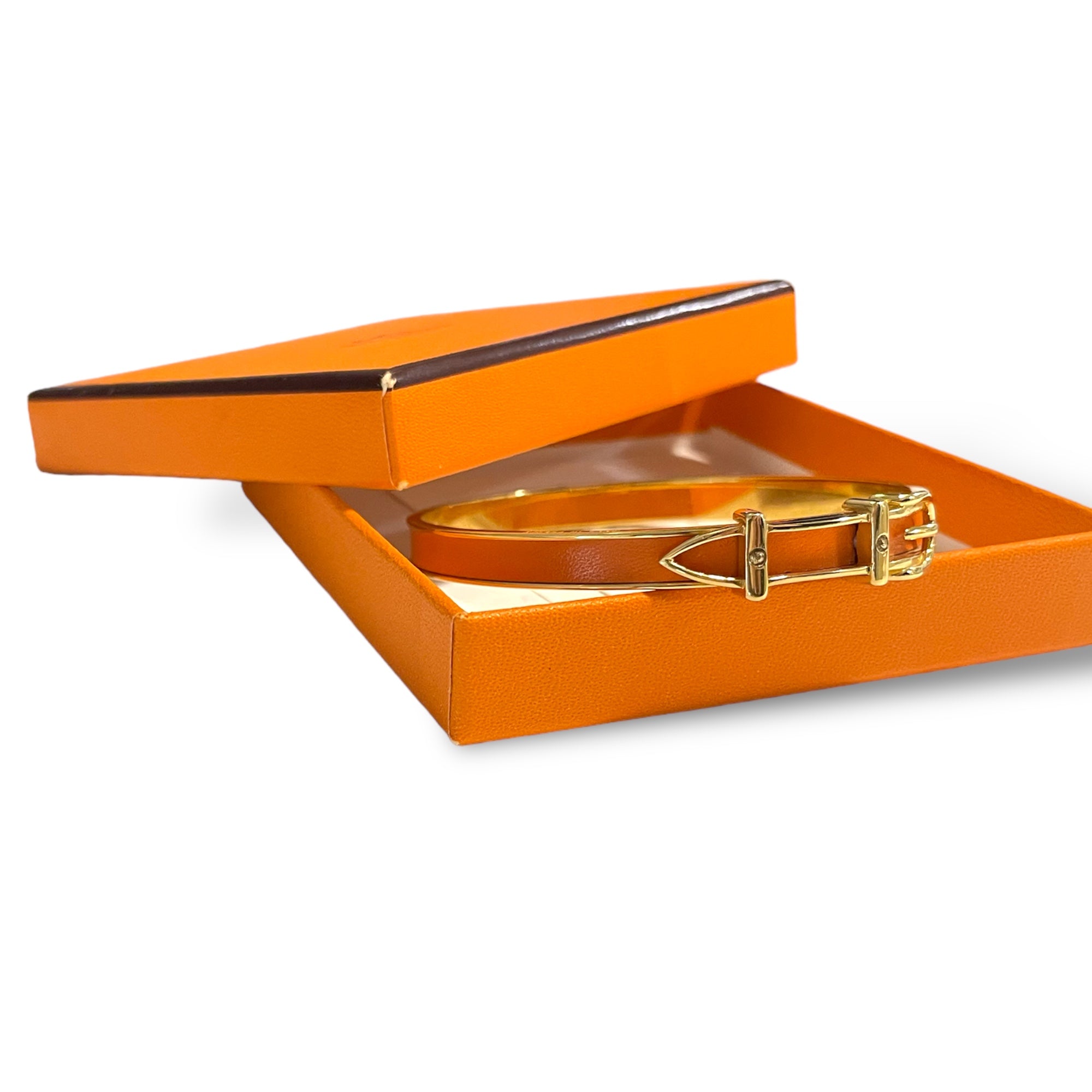 HERMÈS ORANGE Thin Slim Gold "Belt Buckle" Motif Bangle