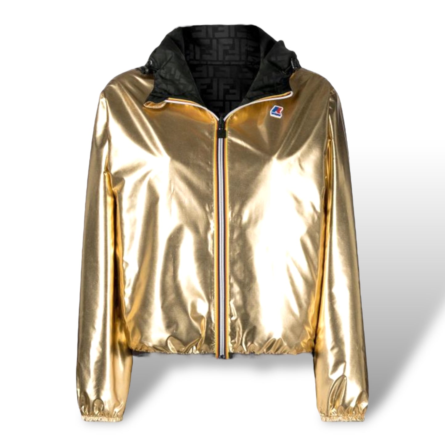 Fendi x K-Way Gold-Tone/Black Zucca Printed Reversible Nylon Windbreaker |Size: MENS XS|