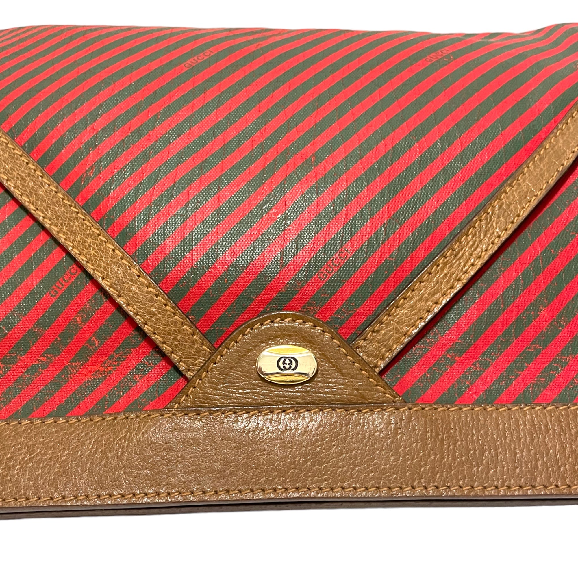 GUCCI Vintage Green & Red Classic Web Motif Print Pouch with Leather Trim