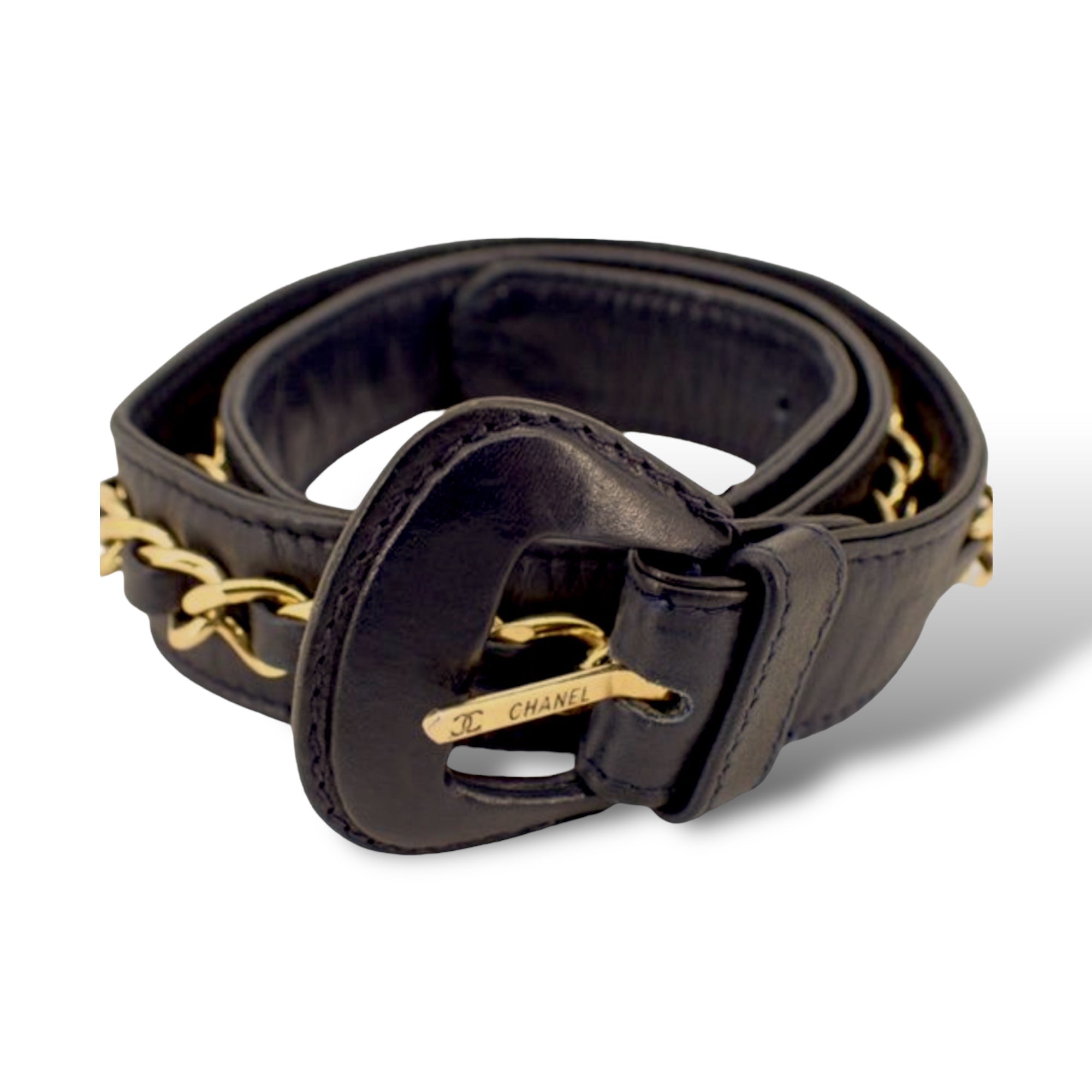 CHANEL Gold Plated Chainlink Motif Vintage Belt in Dark Navy Blue Leather |Size: 65/26|