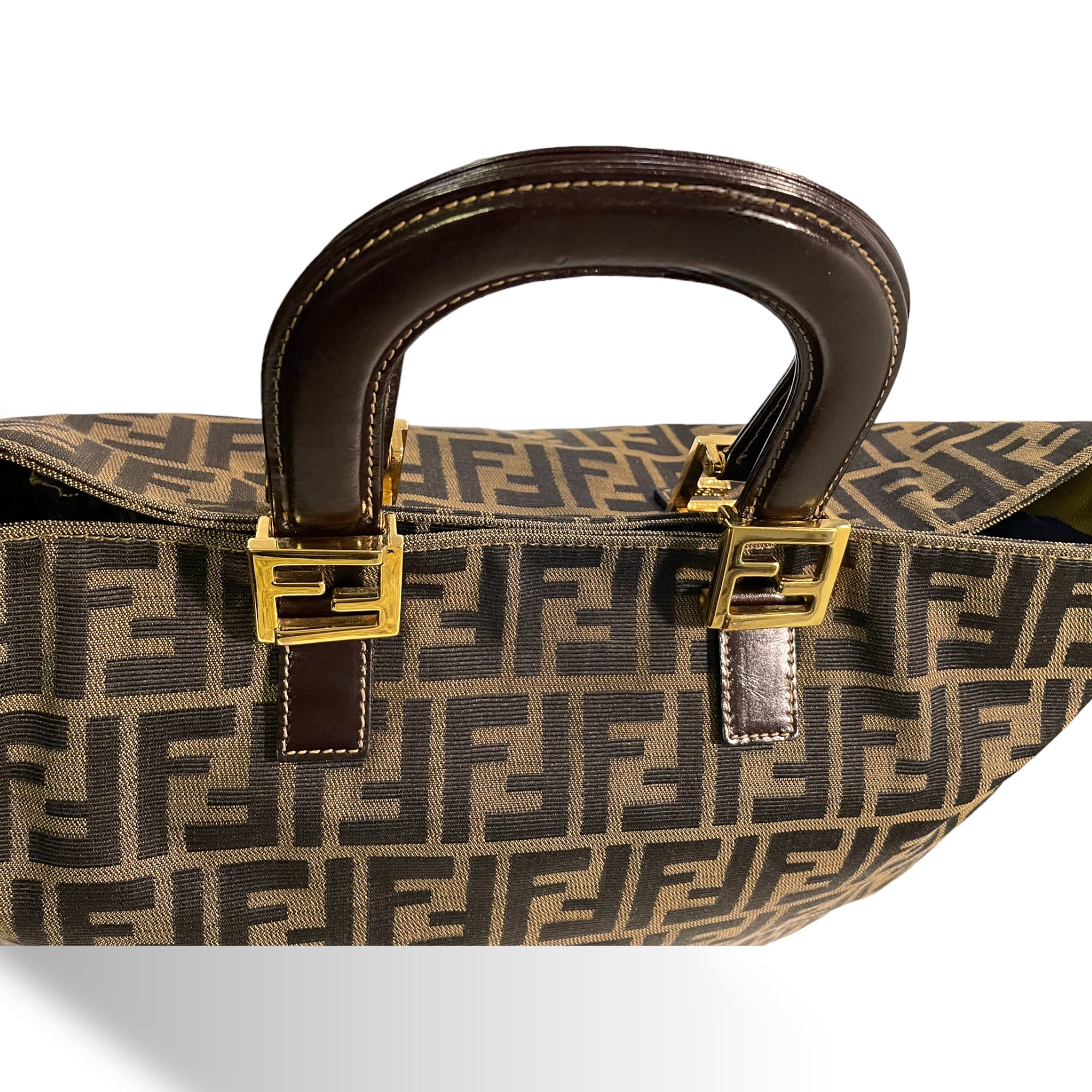 FENDI Brown Zucca Canvas & Calfskin Leather RARE & GORGEOUS Vintage LARGE Twin Tote