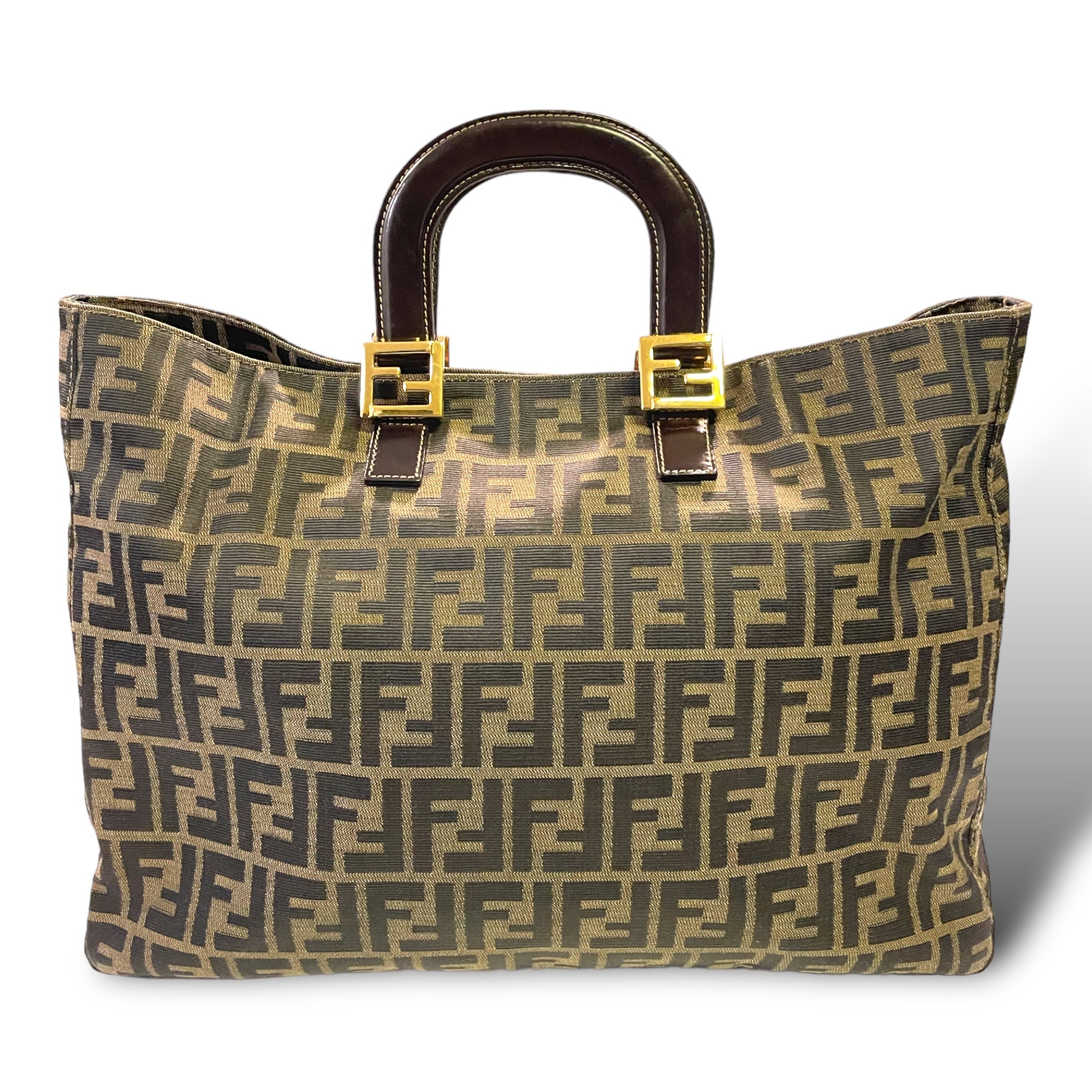 FENDI Brown Zucca Canvas & Calfskin Leather RARE & GORGEOUS Vintage LARGE Twin Tote