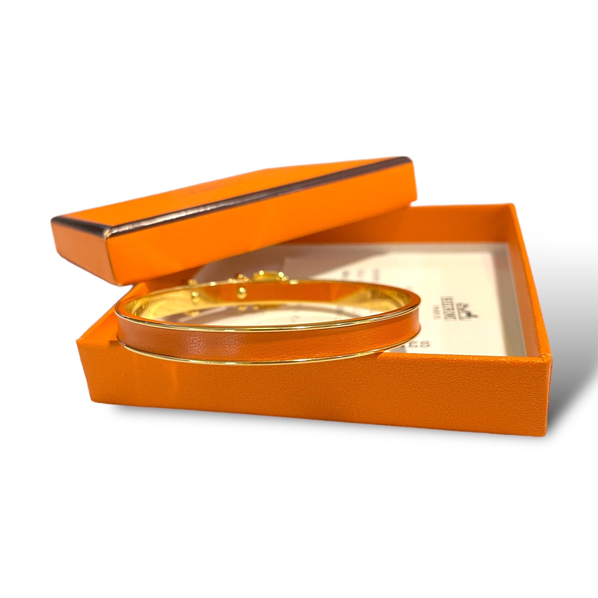 HERMÈS ORANGE Thin Slim Gold "Belt Buckle" Motif Bangle