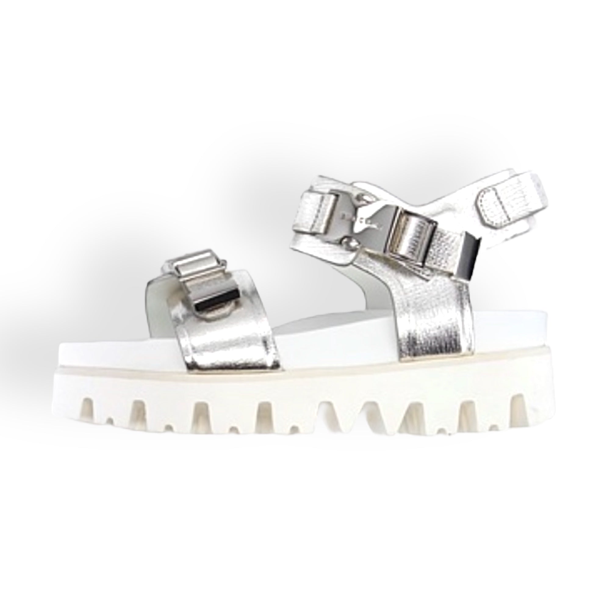 BUSCEMI Metallic Silver Textured Leather Sandalo Buckle Lug Sandals |Size: 36IT|