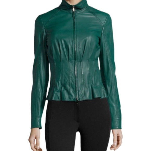 ESCADA Short Mock-Neck Fitted Leather Jacket