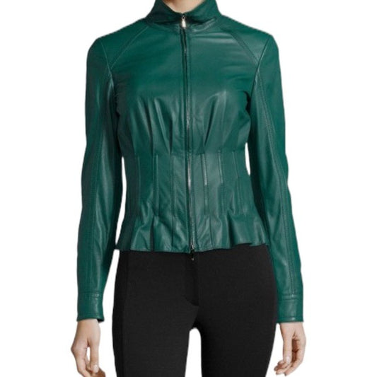 ESCADA Short Mock-Neck Fitted Leather Jacket