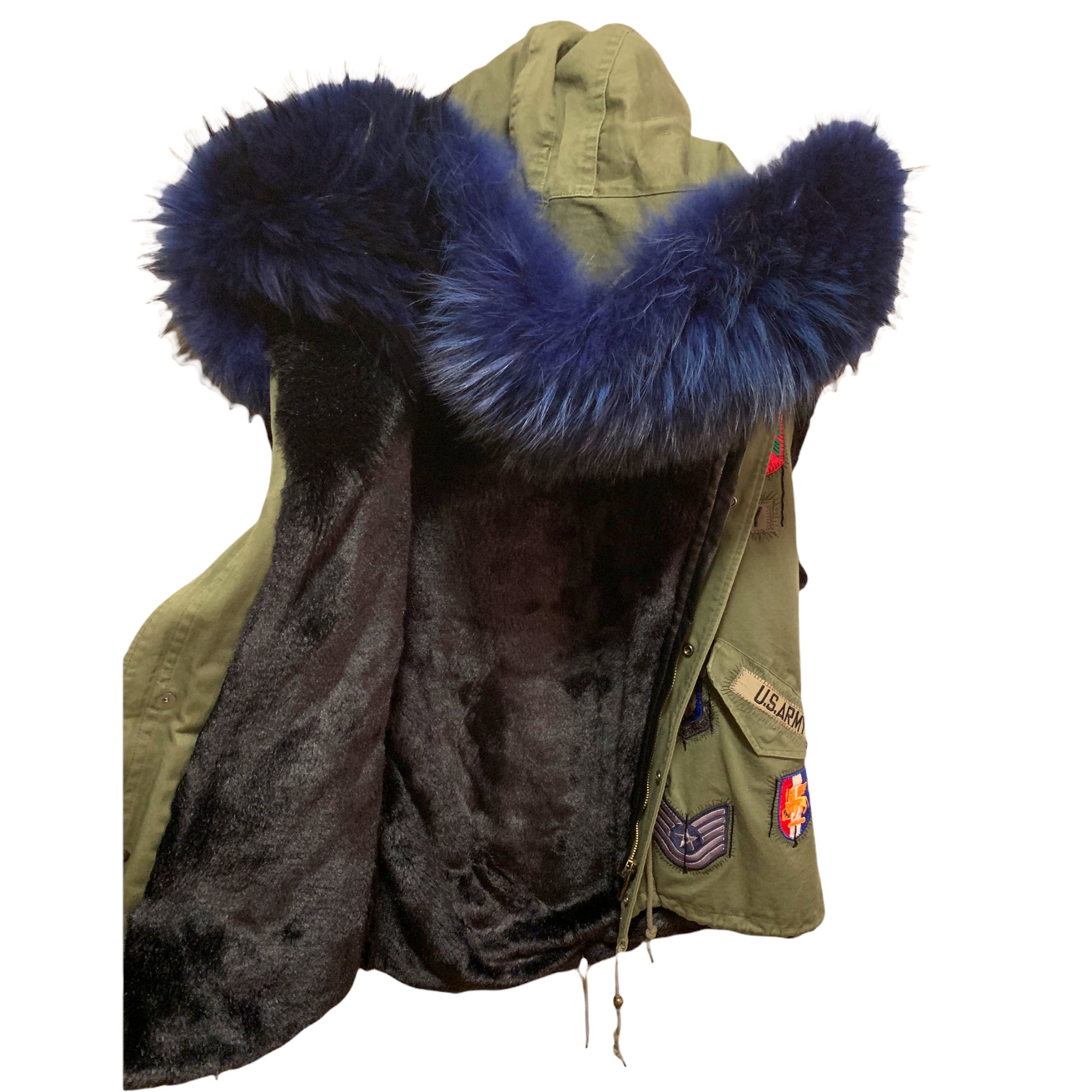 Custom Made Blue Fox Fur Trim Hooded Army Green Vest Size: Large