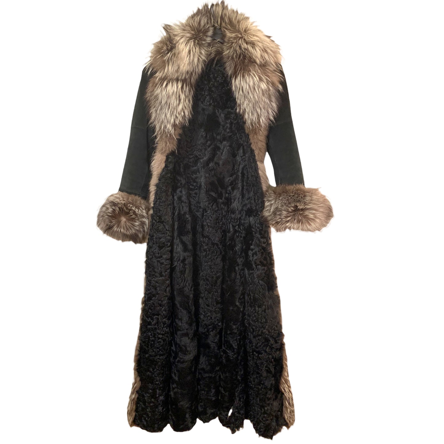 ST. JOHN Suede, Dyed Broadtail Persian Lamb & Silver Fox Fur Trim Long Coat