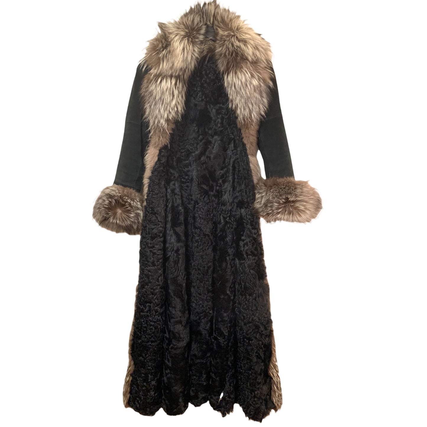 ST. JOHN Suede, Dyed Broadtail Persian Lamb & Silver Fox Fur Trim Long Coat
