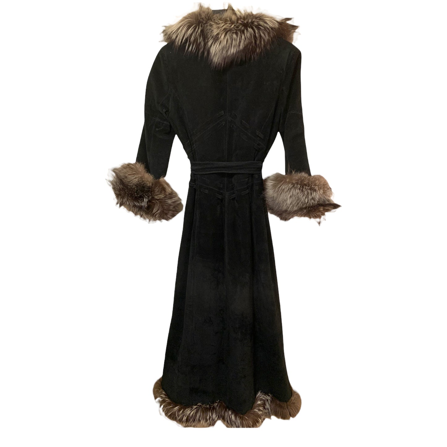 ST. JOHN Suede, Dyed Broadtail Persian Lamb & Silver Fox Fur Trim Long Coat