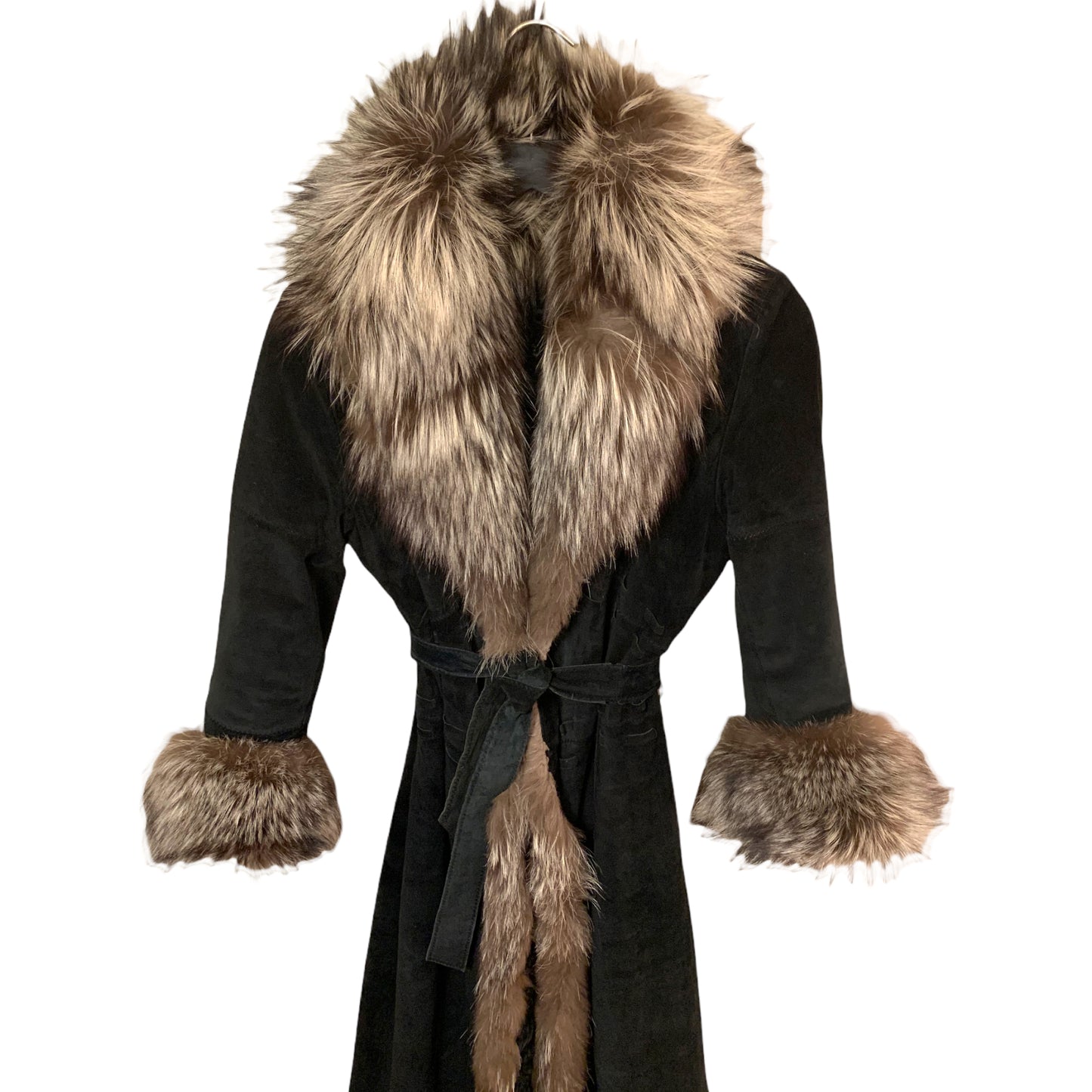 ST. JOHN Suede, Dyed Broadtail Persian Lamb & Silver Fox Fur Trim Long Coat