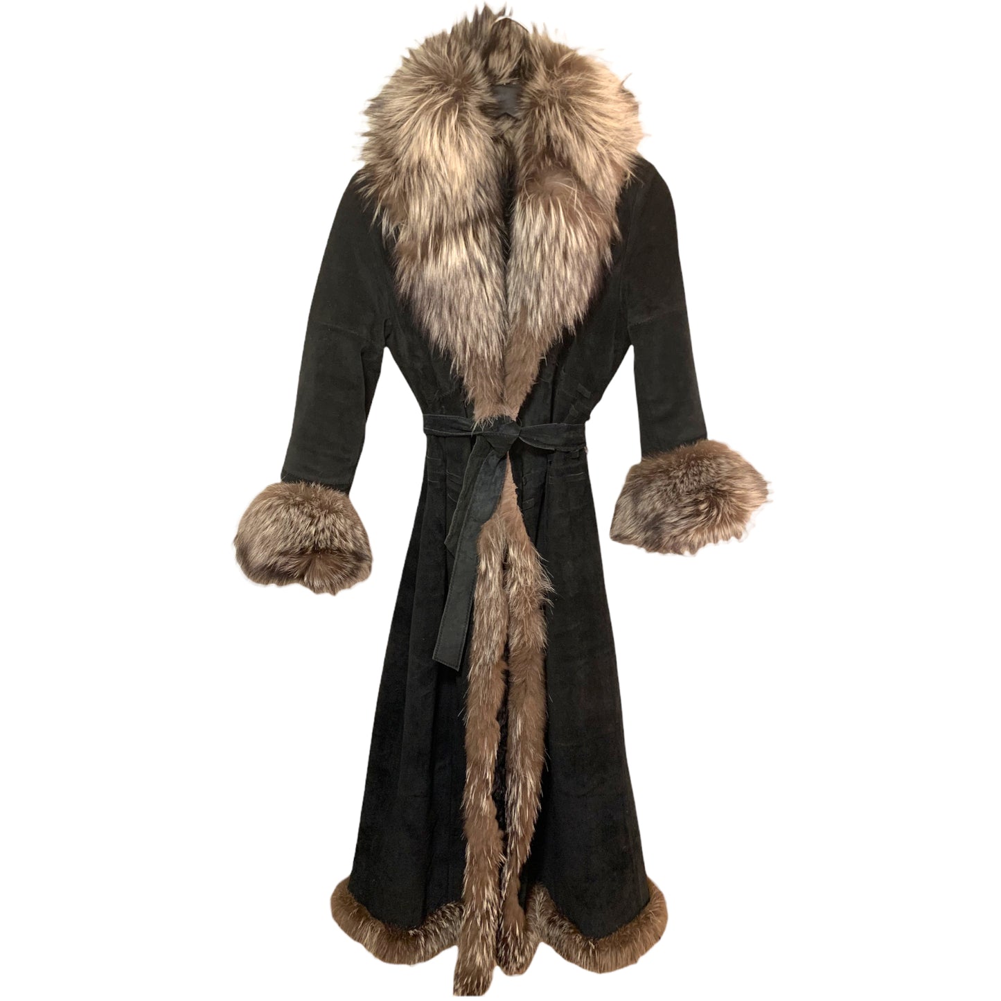 ST. JOHN Suede, Dyed Broadtail Persian Lamb & Silver Fox Fur Trim Long Coat
