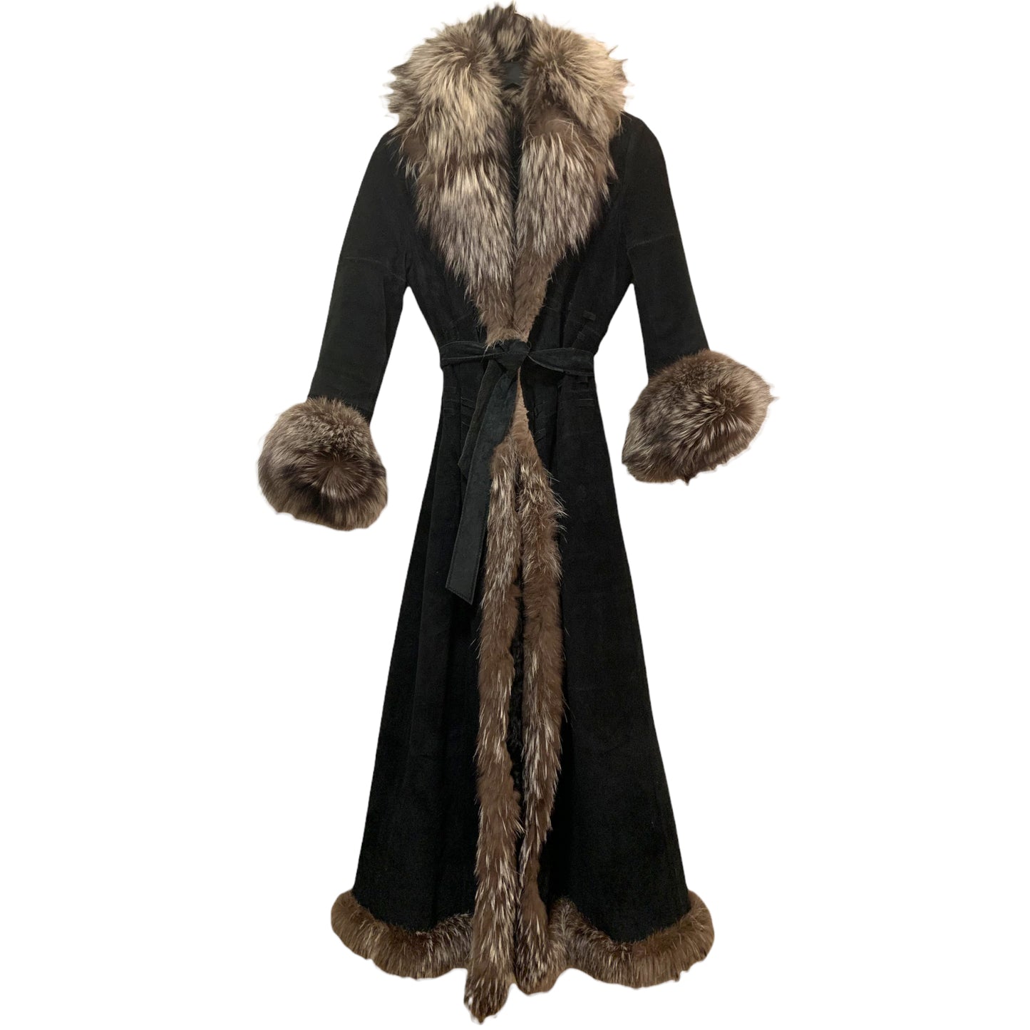 ST. JOHN Suede, Dyed Broadtail Persian Lamb & Silver Fox Fur Trim Long Coat