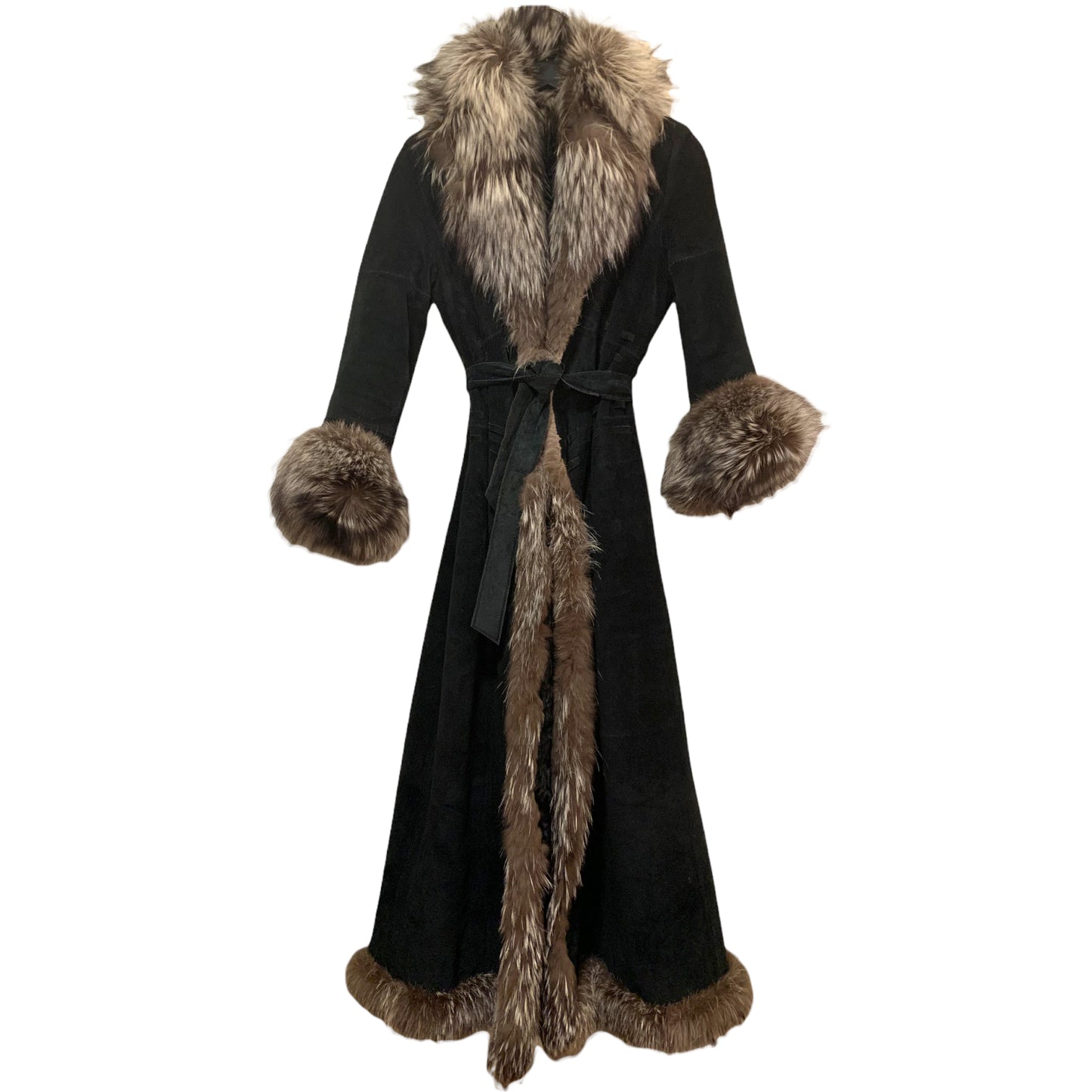 ST. JOHN Suede, Dyed Broadtail Persian Lamb & Silver Fox Fur Trim Long Coat
