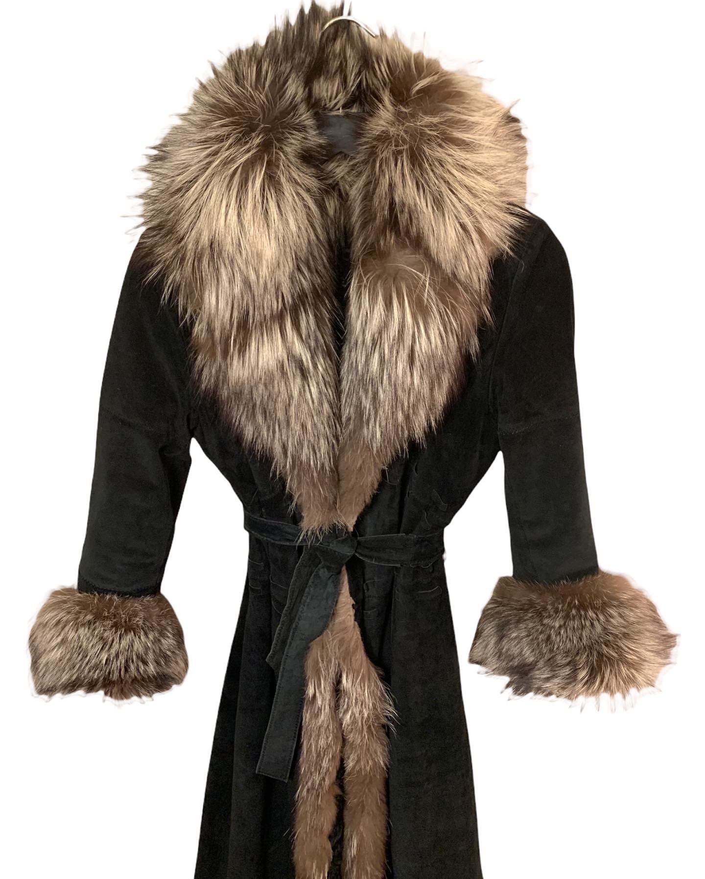ST. JOHN Suede, Dyed Broadtail Persian Lamb & Silver Fox Fur Trim Long Coat