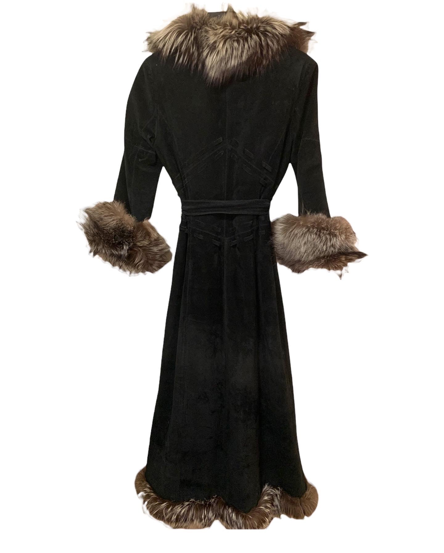 ST. JOHN Suede, Dyed Broadtail Persian Lamb & Silver Fox Fur Trim Long Coat
