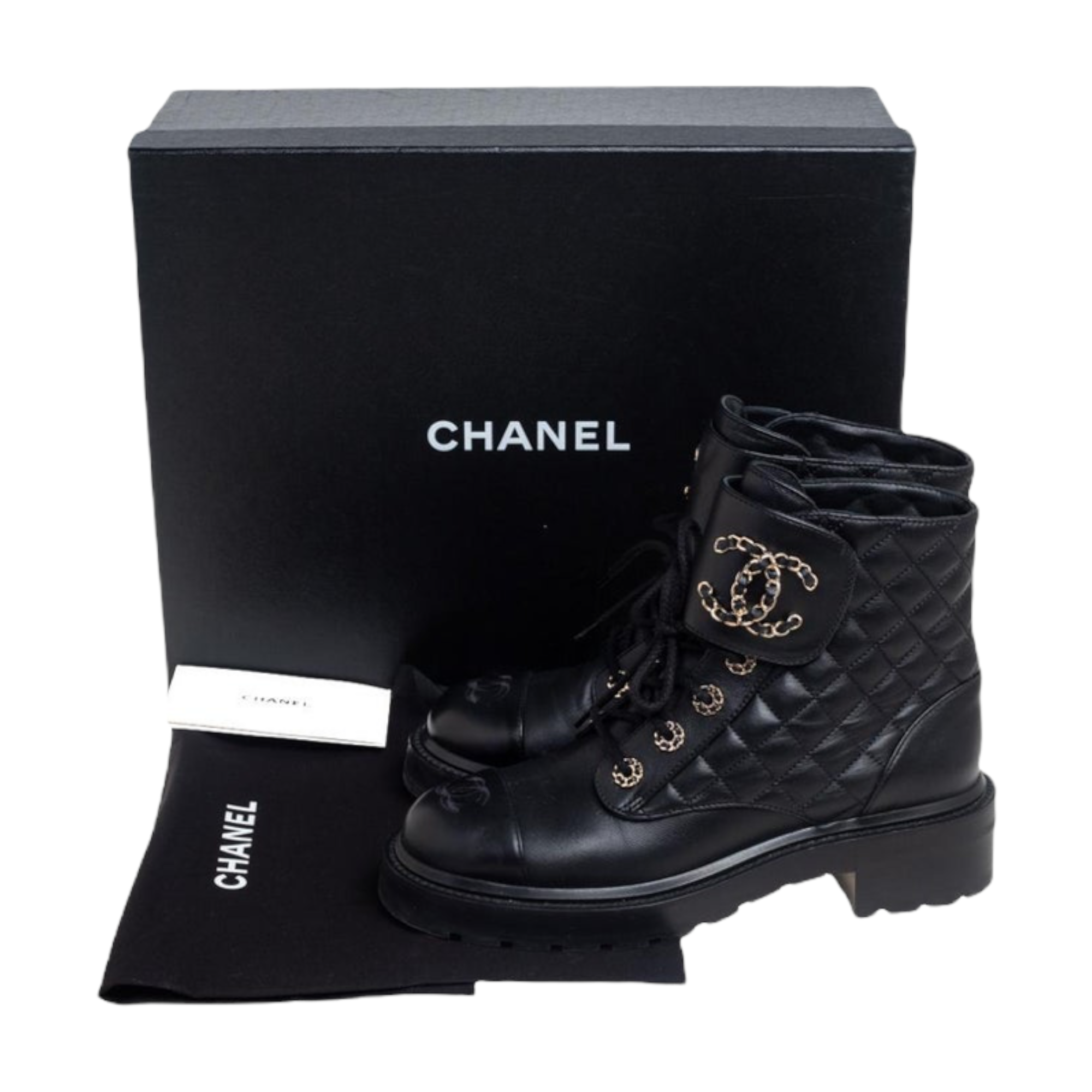 CHANEL 2021 Lace-Up Black Combat Boots SIZE: | 38 EU |