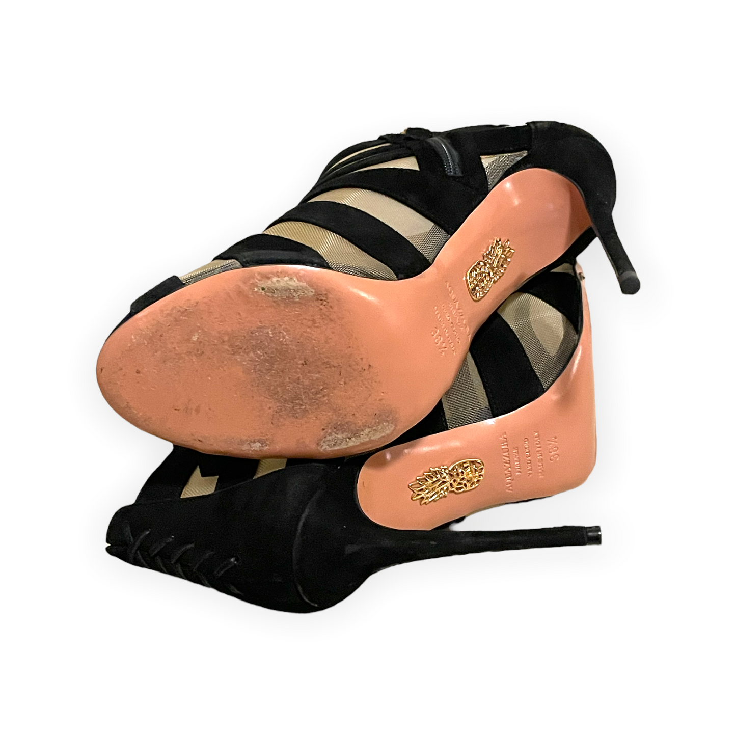 AQUAZZURA Black Suede & Nude Mesh Striped Sandals | Size: 8.5 | IT 38.5 |