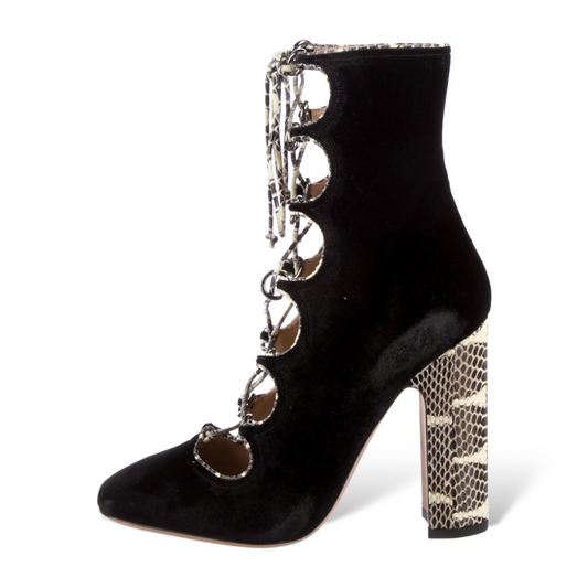 VALENTINO GARAVANI Black Velvet with Snake Skin Trim Lace up Ankle Booties Size 37