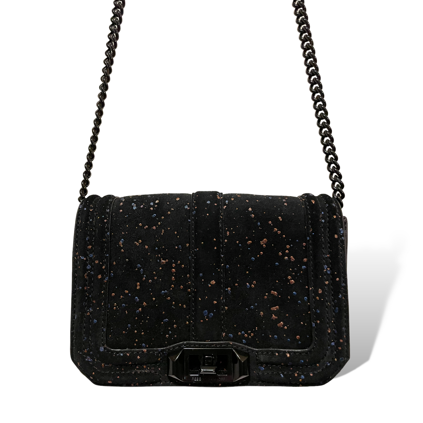 Rebecca Minkoff Black Hardware & Suede Crossbody Bag with Cobalt Blue & Rose Gold Splatter