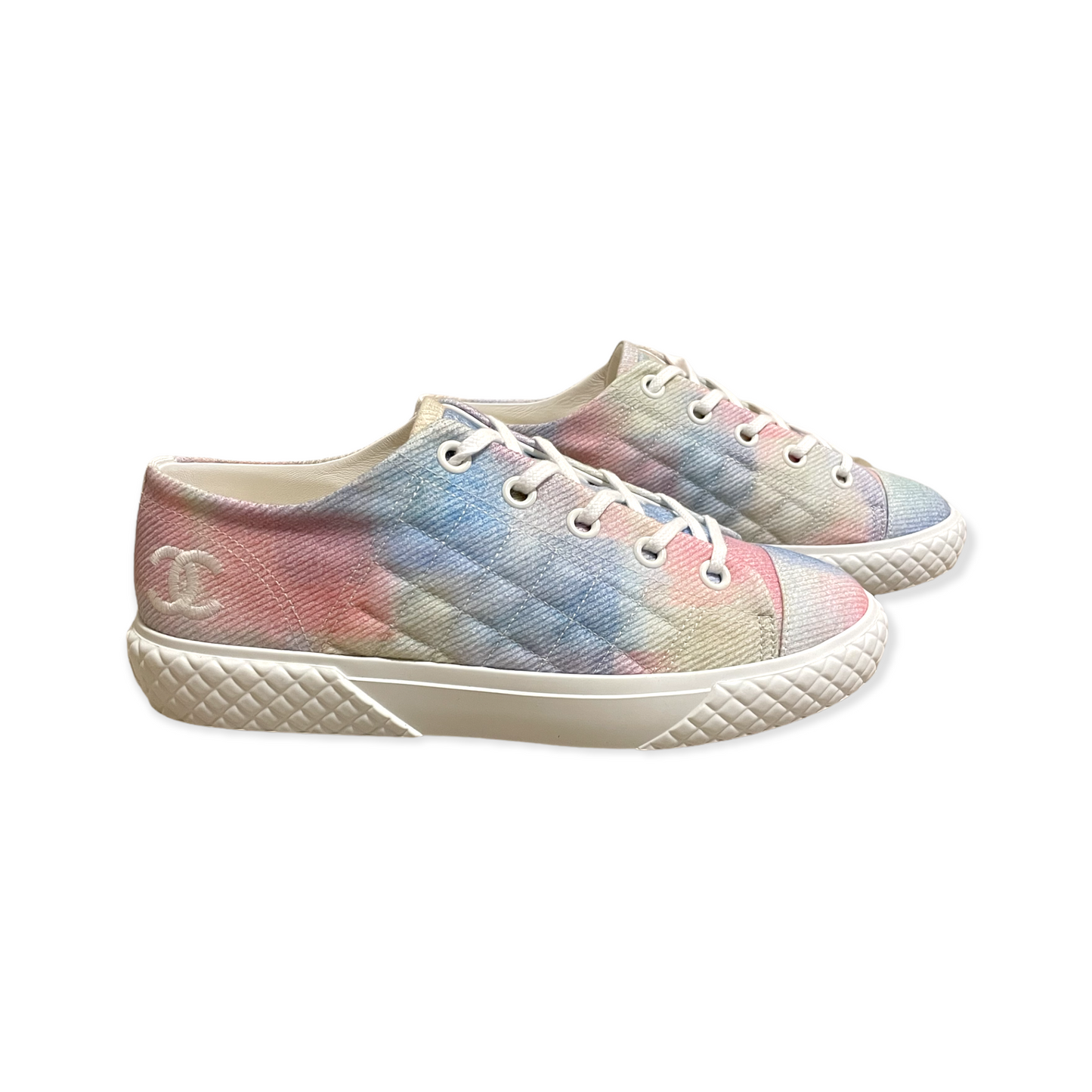 CHANEL 22C Printed Fabric Green, Pink, Blue & White Sneakers |Size:39|