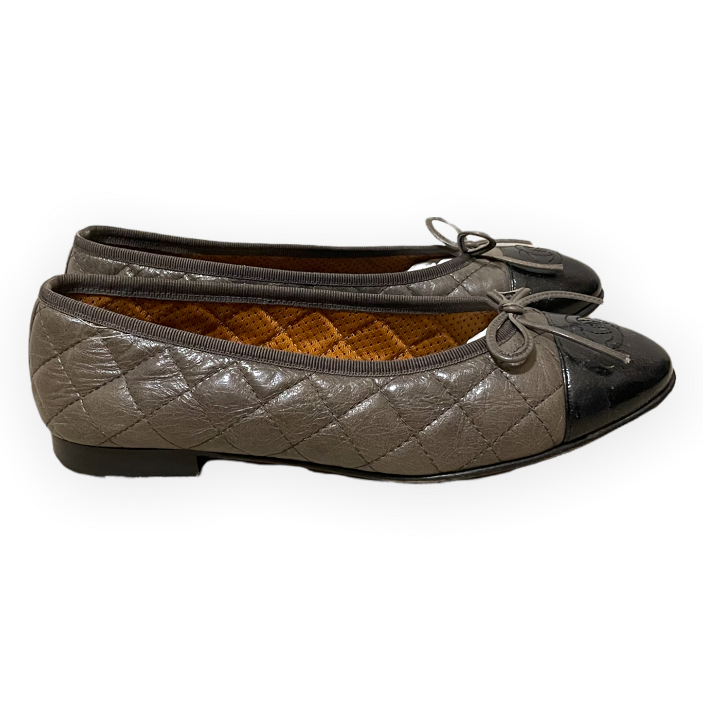 CHANEL Crumpled Calfskin/Patent Quilted CC Cap Toe Ballerina Flats