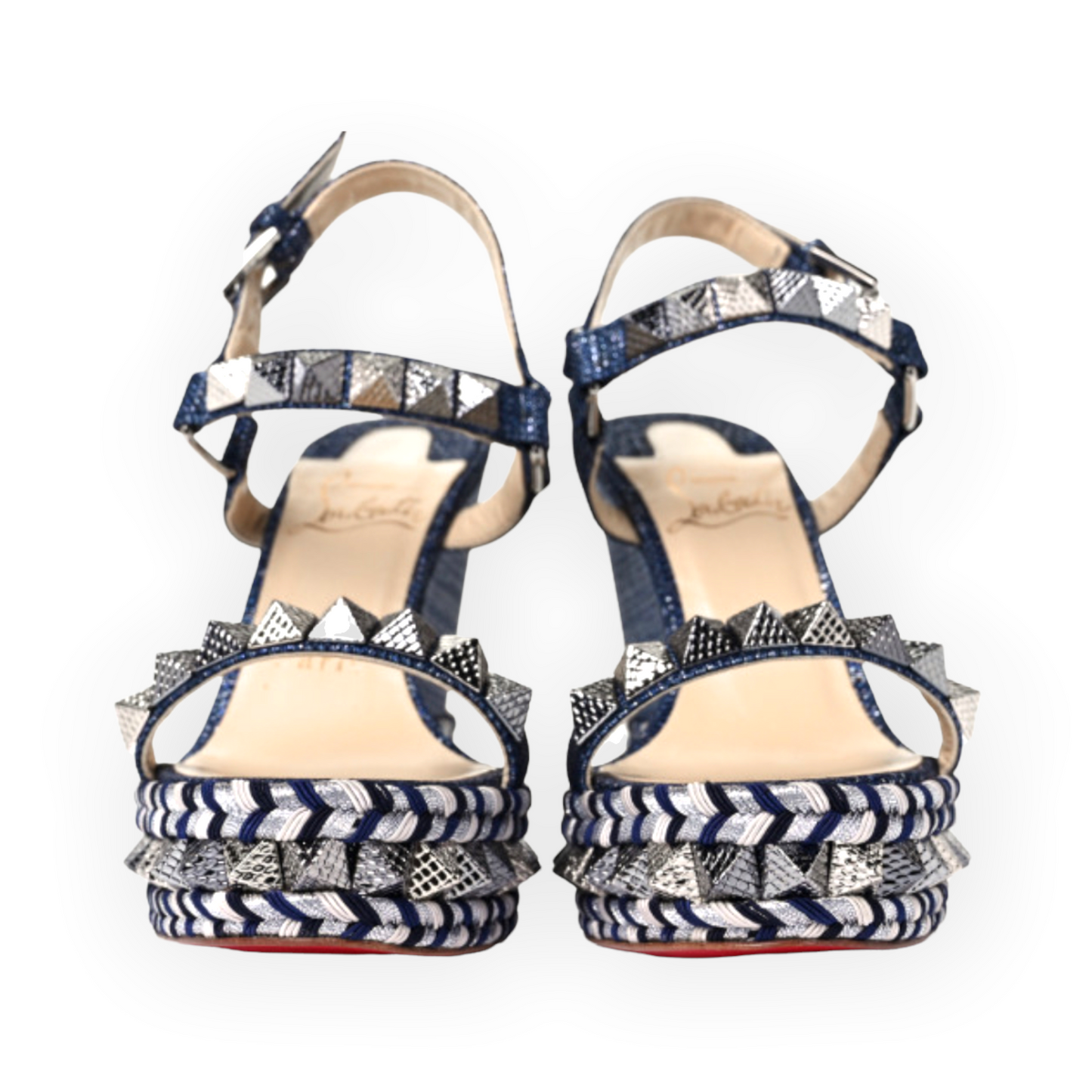 CHRISTIAN LOUBOUTIN Denim Lame Lux Pyraclou 110 Wedge Sandals |Size: 39|