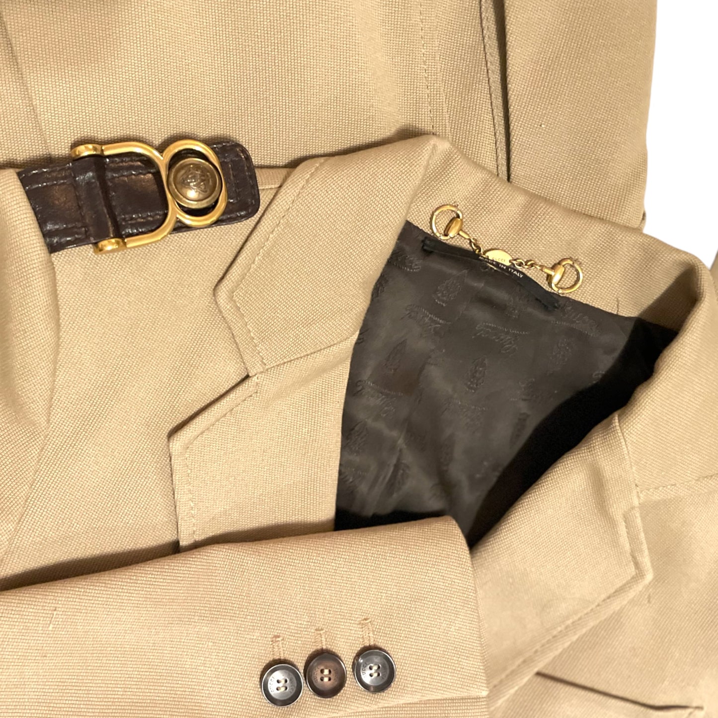GUCCI Military Inspired Beige Canvas Jacket with Horse-bit Motif Accents |Size: 42|