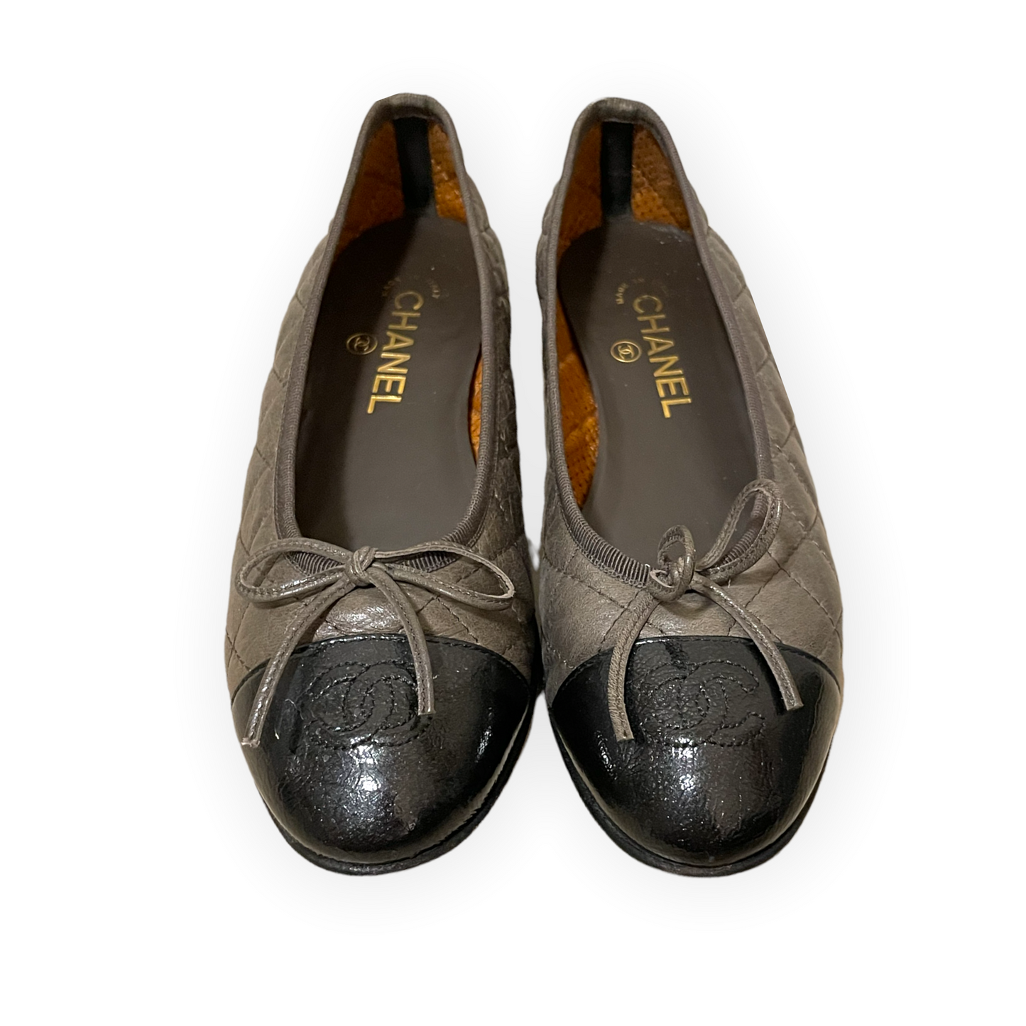 CHANEL Crumpled Calfskin/Patent Quilted CC Cap Toe Ballerina Flats