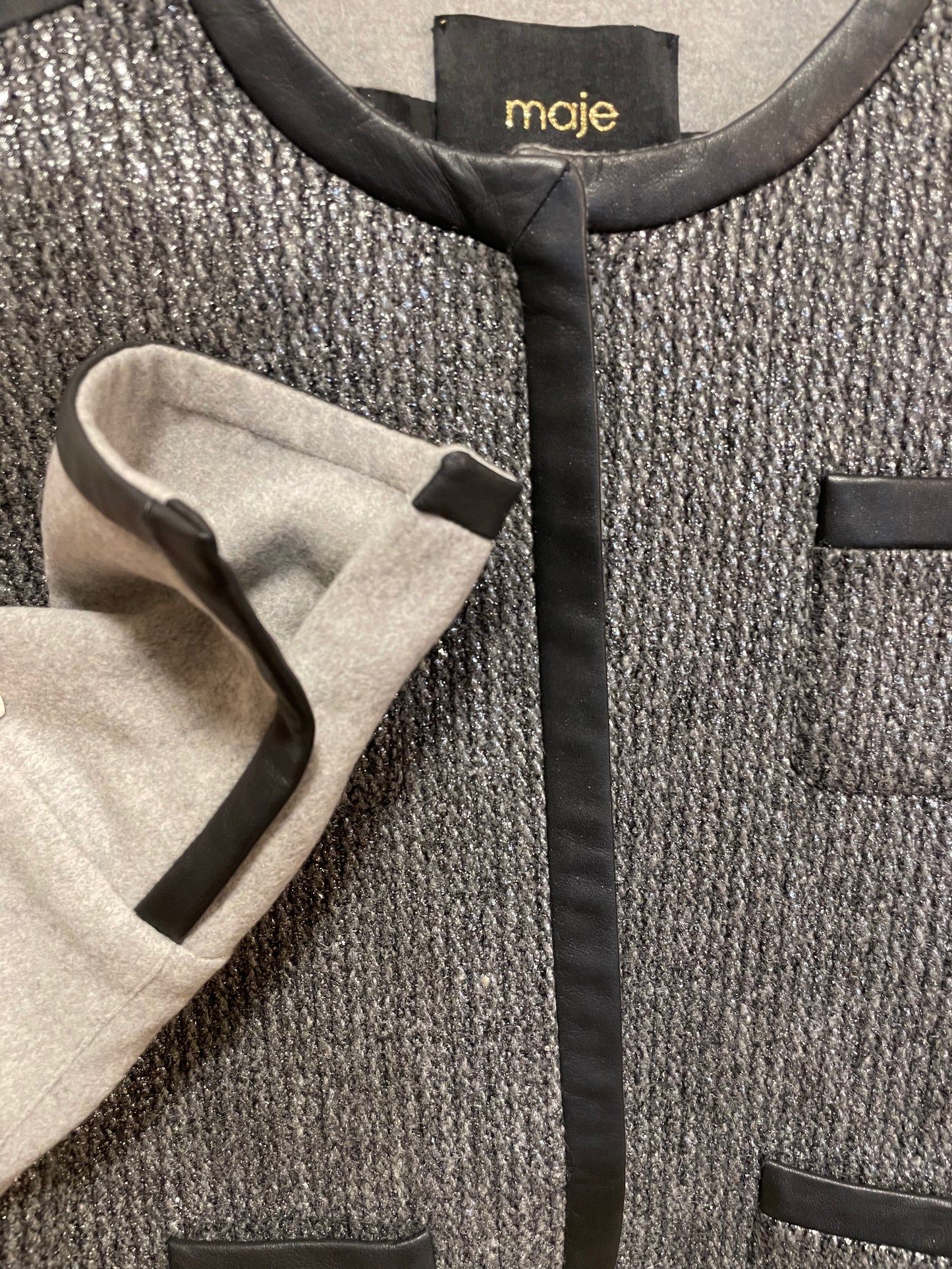 MAJE Virgin Wool & Lambskin Leather Trim STUNNING Fitted Coat