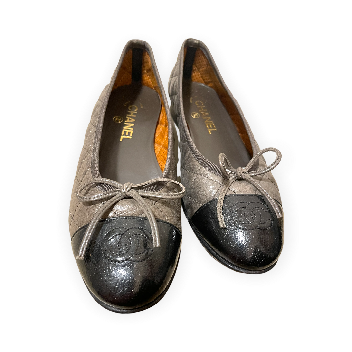 CHANEL Crumpled Calfskin/Patent Quilted CC Cap Toe Ballerina Flats