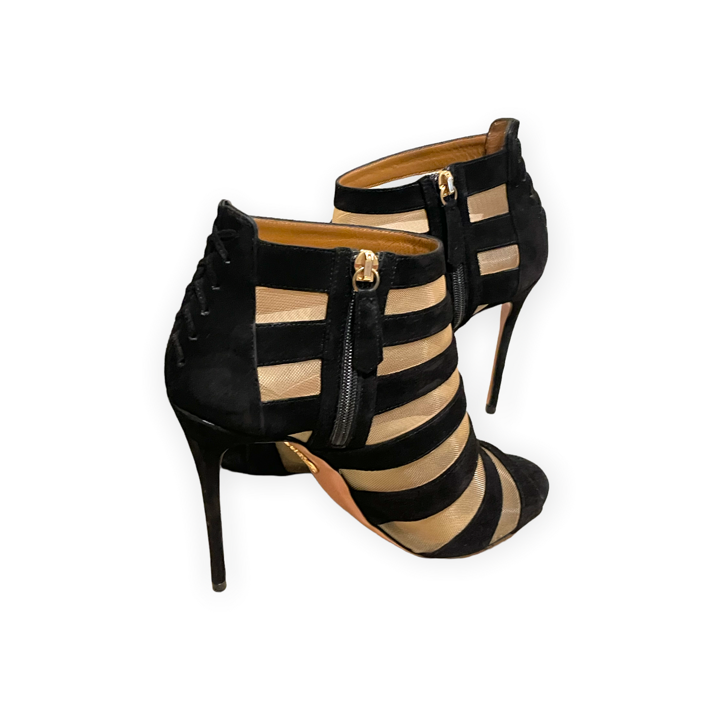 AQUAZZURA Black Suede & Nude Mesh Striped Sandals | Size: 8.5 | IT 38.5 |