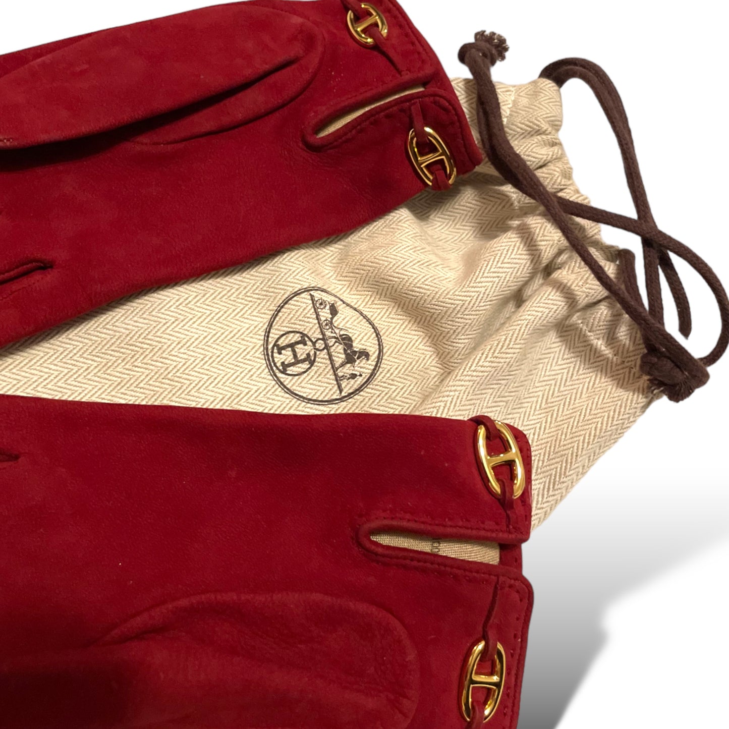 HERMÈS Link Vintage Dark Red Suede Gloves |Size: 7|