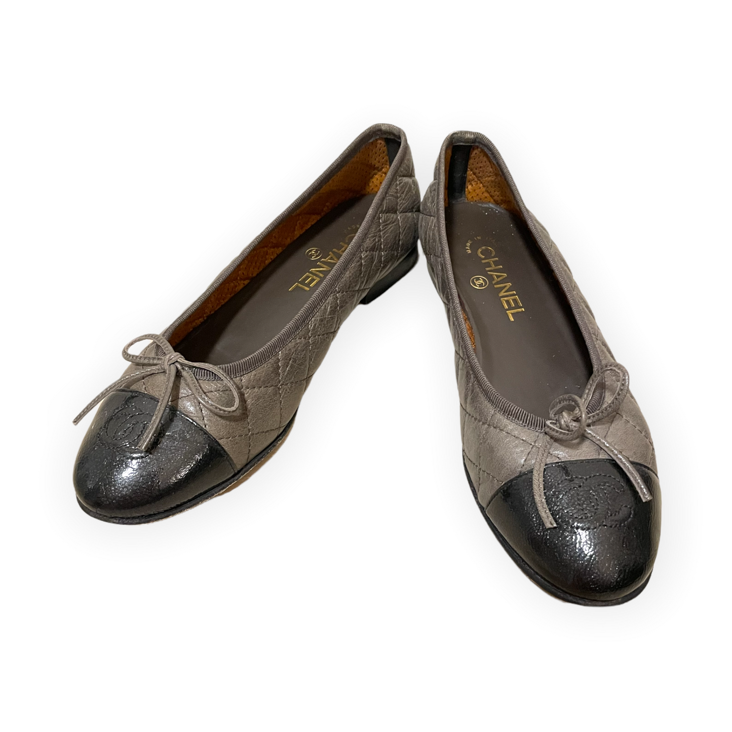 CHANEL Crumpled Calfskin/Patent Quilted CC Cap Toe Ballerina Flats