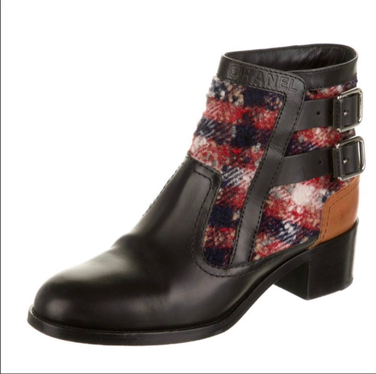 CHANEL 2017 Tweed Pattern Ankle Boots |38.5 EU|