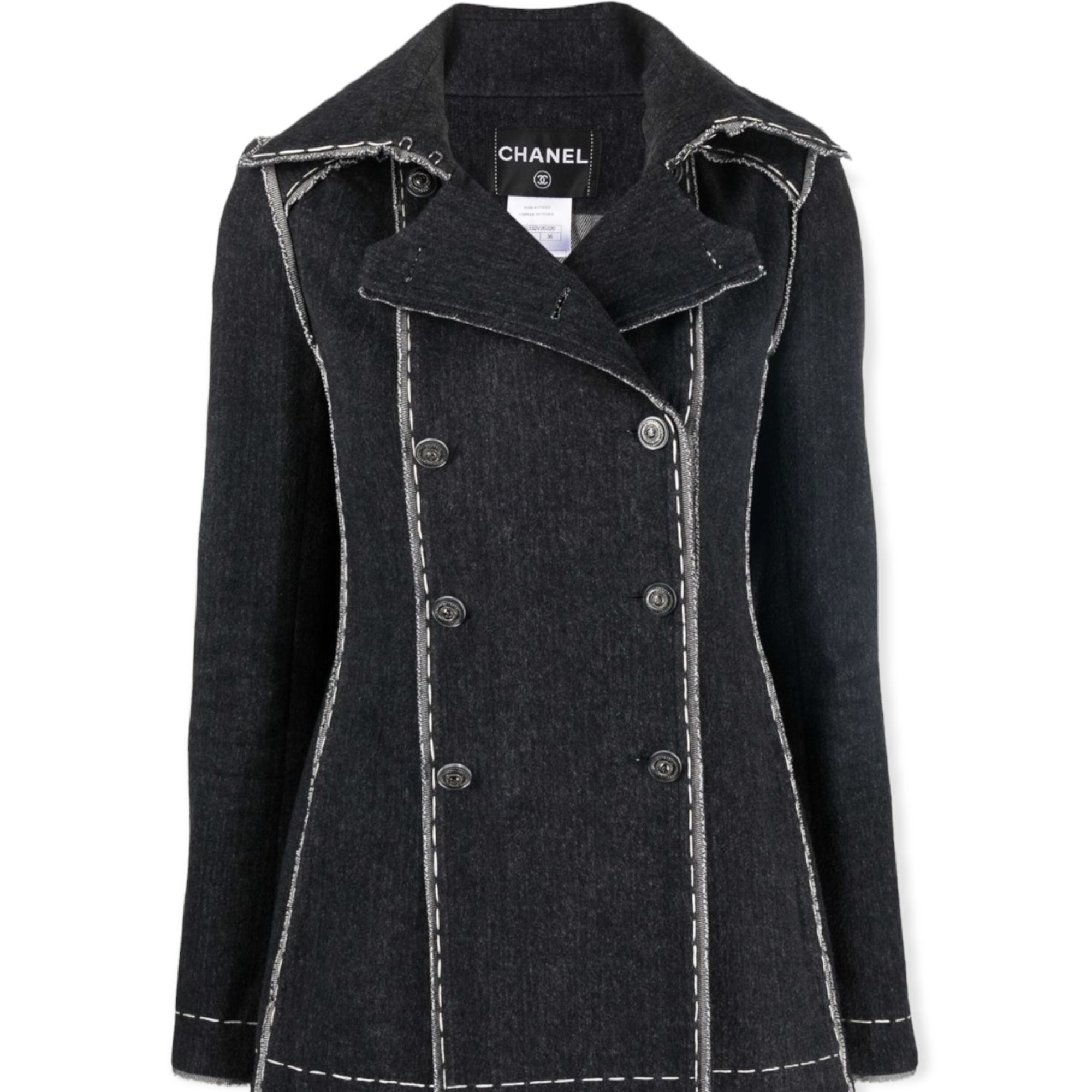 CHANEL 2010 double-breasted denim jacket silver-tone embossed buttons