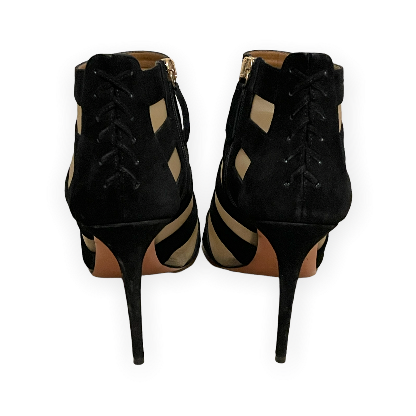 AQUAZZURA Black Suede & Nude Mesh Striped Sandals | Size: 8.5 | IT 38.5 |