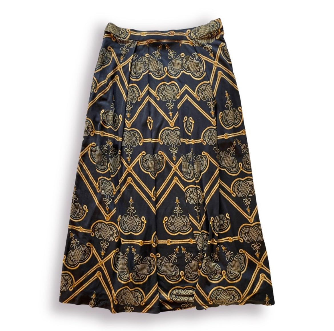 HERMÈS Vintage Classic Black & Gold Motif Print Skirt