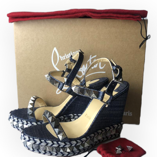 Christian Louboutin Denim Lame Lux Pyraclou 110 Wedge Sandals - photo 2 of 12